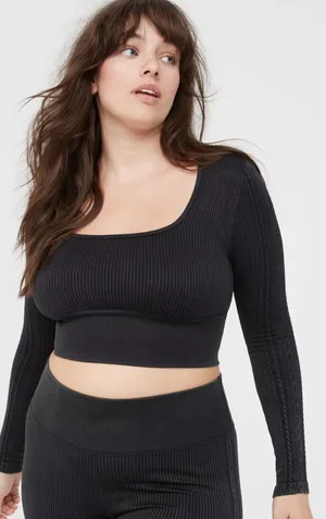 Aerie Offline by Womens Black Seamless Cable Square Neck T-Shirt thumbnail 1