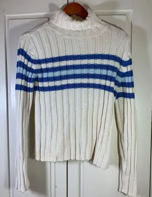 Aeropostale Womens Ribbed Turtleneck Sweater Blue Cream Striped‎ Ramie Cotton L thumbnail 1
