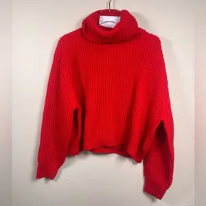 Lovers + Friends‎ Revolve Union Red Chunky Knit Cropped Mockneck Sweater size L thumbnail 7