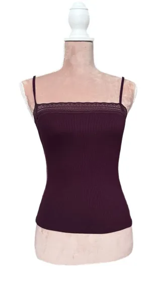 Madewell 90s Camisole Womens Small Ribbed Lace Spaghetti Strap Burgundy Top thumbnail 1