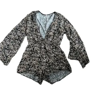 Free People Floral Romper Shorts Deep V-Neck Size Medium Black White Bell Sleeve thumbnail 1