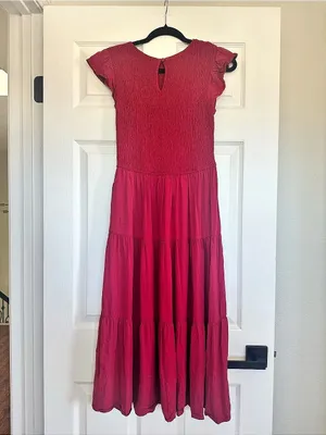 ZESICA Red Smocked Tiered Maxi Dress Flutter Sleeve Size thumbnail 2
