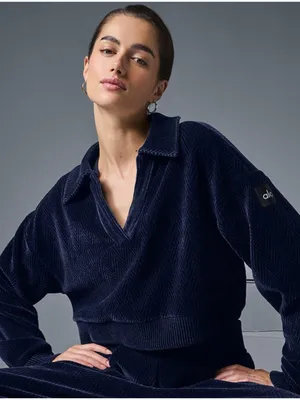 Alo Cropped Cozy Day Henley Pullover Navy V-Neck Velvet Velour Chevron Sweater S thumbnail 1