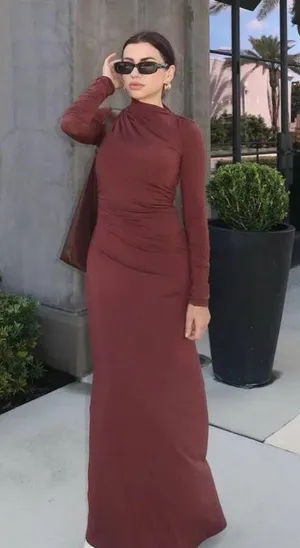 Zara Elegant Burgundy brown wine Maxi Dress stretchy long Sleeve Casual bodycon thumbnail 4