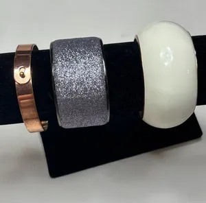 3 Pc Statement Bracelet Set Cream Acrylic Bangle Glitter Cuff Rose Gold Band Lot thumbnail 1
