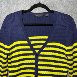 Jeanne‎ Pierre Womens Navy Blue Yellow Striped Ribbed Cotton Cardigan Sweater L thumbnail 6