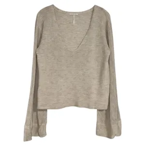 Free People Starman Cream Ribbed Bell Sleeve V‎ Neck Pullover Sweater L thumbnail 3