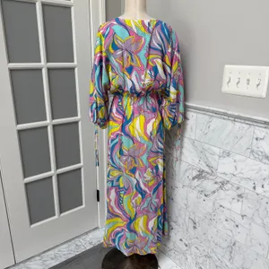 Esqualo Colorful Abstract Print V-Neck Tie-Sleeve Midi Dress Ocean Flower Size 6 thumbnail 3