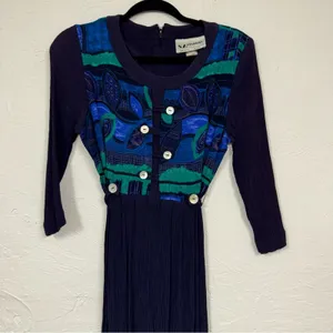 Vintage Blue Crepe Midi Dress Womens 8 80s Embroidered Short Sleeve Green Fall thumbnail 9