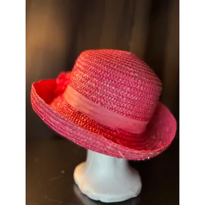 Vintage Magenta Pink Straw Sun Hat Wide Brim Floral‎ Ribbon Accent Summer Beach thumbnail 4