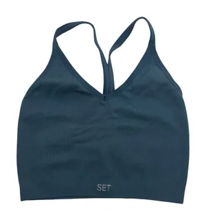 SET Active SCULPTFLEX Ribbed V Bra Model Off Duty Pilates Gym Top Teal Blue XS/S thumbnail 1