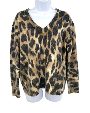 Young Fabulous & Broke Fuzzy Leopard Print V-Neck Sweater Size S/M Indie Casual thumbnail 1