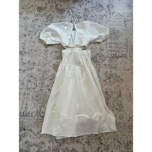 EXLBES Puff Sleeve Cut Out Back Maxi Dress White Size Small Coastal 100% Cotton thumbnail 5