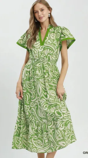 Umgee Paisley Print Midi Dress with Side Pockets - Green - Small thumbnail 1