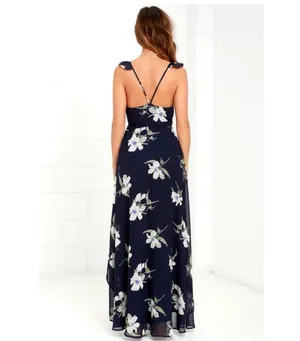Lulus All Mine Navy Blue Floral Print High-Low Wrap Maxi Dress Large thumbnail 4