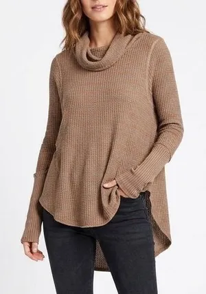 Free‎ People We The Free Wildcat Thermal Top Womens Brown Waffle Knit Cowl Neck thumbnail 1