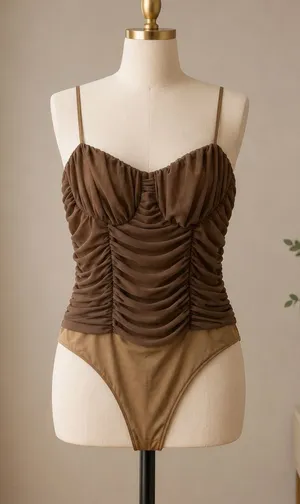 Lovers and Friends Brown Ruched Mesh Bustier Bodysuit Size L thumbnail 1