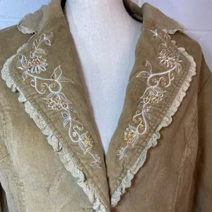 Misha Y2K Vintage Tan Corduroy Floral Embroidered Sequin Blazer Jacket thumbnail 3