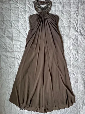 NWT LM Collection Brown / Taupe Beaded Halter Neck Empire Waist Formal Dress - 4 thumbnail 2