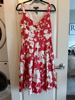 Ralph Lauren Red & White Floral V-Neck Midi Dress with Pockets thumbnail 2