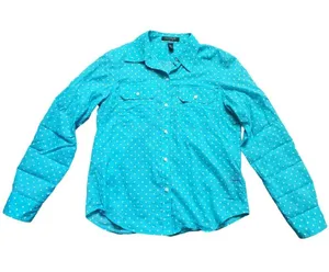 Ralph Lauren Blouse Women Medium Blue Polka Dot Top Button Up Pockets Roll Tab thumbnail 5
