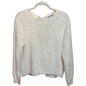Addie Fuzzy Eyelash Knit Sweater Ivory Tie Back‎ Medium thumbnail 3