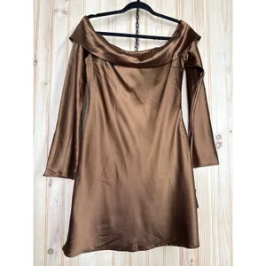 NWT Lulus Luxurious Vision Brown Satin Off-the-Shoulder Mini Dress Party Size L thumbnail 2