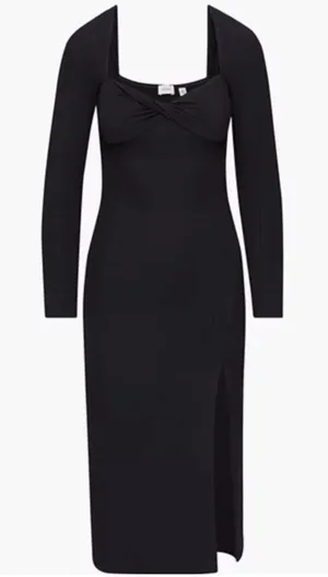 Aritzia Wilfred Black Palm‎ Dress Ling Sleeve Knit Midi Slit Twist Front Size M thumbnail 1