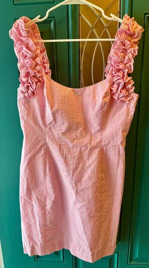 Lilly Pulitzer Devina Dress Pink Cosmo Seersucker Ruffle Strap Shift 10 thumbnail 1