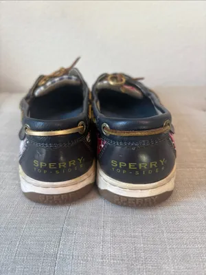 Sperry Navy Leather Boat Shoes with Red Plaid & Bandana quilt Accents 8.5 thumbnail 2