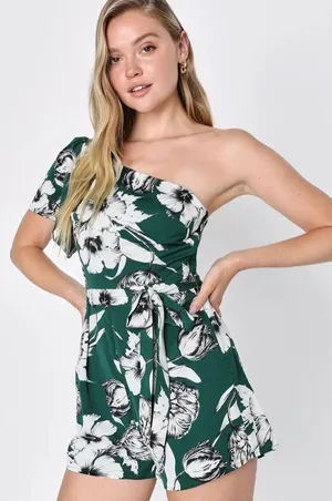 Lulus Flawless Moments Green Floral Print One-Shoulder Romper thumbnail 1