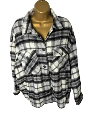 Zara Plaid Oversized Shacket Snap Front Black White Gray L thumbnail 1