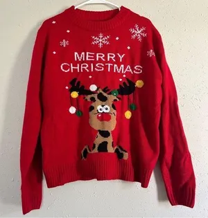 Merry Christmas Red Reindeer Googly Eyes Crewneck Sweater Holiday Ugly Christmas thumbnail 1