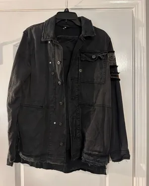 Free People Black Distressed Military Field Jacket thumbnail 1