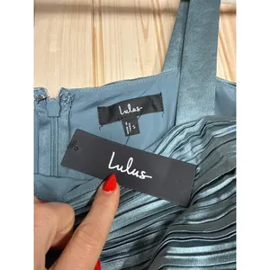 NWT Lulus Blue Gorgeous Purpose Slate Satin Pleated Sleeveless Bow Maxi Dress S thumbnail 5