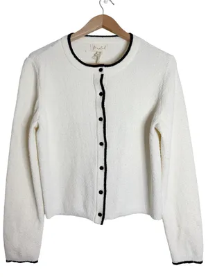 Marled Cream Bouclé Fuzzy Cardigan with Black Trim Minimalist Preppy size M thumbnail 1