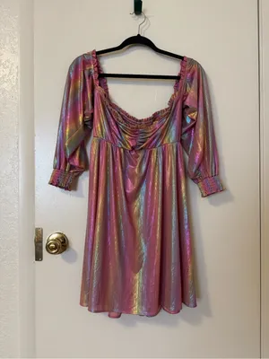 Show Me Your Mumu Downtown Mini Dress Rainbow Sunset Shine Iridescent Size L thumbnail 2