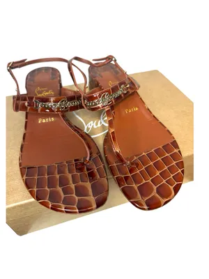 Christian Louboutin Brown Croc-Embossed Leather T-Strap Sandals box full set thumbnail 4