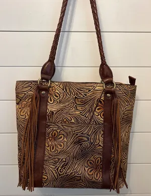 Patricia Nash Tooled Leather Fringe Tote Bag Purse Brown Floral‎ Western thumbnail 1