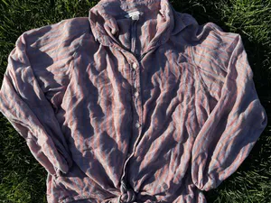 American Eagle Boho Striped Tie-Hem Button Down Top - Soft Pink/Blue - S thumbnail 3