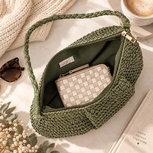 A New Day Women Olive Green Straw Crochet Shoulder Bag Baguette Zipper Closure thumbnail 3