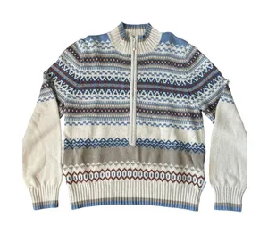 Woolrich Womens Fair Isle Quarter Zip Sweater Blue Cream Ramie Cotton Size M thumbnail 1