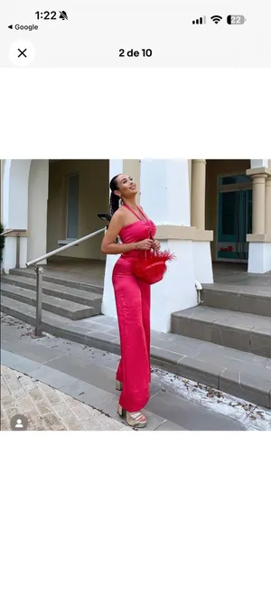 Zara Satin Halter Wide-Leg Jumpsuit in Hot Pink thumbnail 3