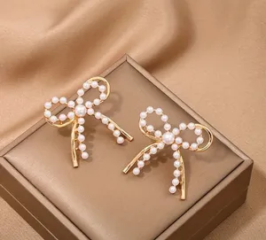 Double layer pearl & gold coquette bow earrings trendy bow earrings bow jewelry thumbnail 3