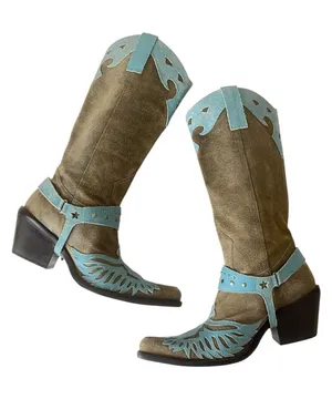 MIA Vintage 90s Suede Leather Firebird Western Cowgirl Boots Tan Blue Size 6 thumbnail 1
