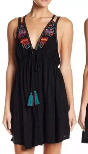 Free People Lovers Cove Embroidered Tassel Mini Dress‎ in Black Size XS thumbnail 1