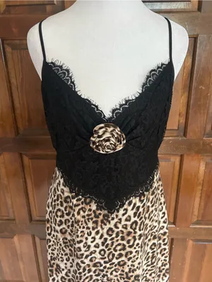 WAYF Leopard Print‎ Lace Trim Maxi Slip Dress Chemise Rosette Women's Size M thumbnail 4