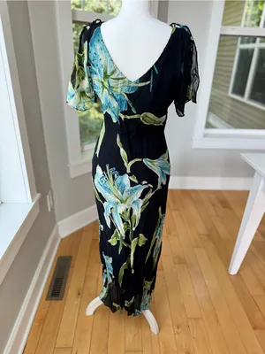 Vintage 90’s Dressbarn Black Blue Floral Beaded V Neck Bias Cut Slip Dress Sz M thumbnail 4