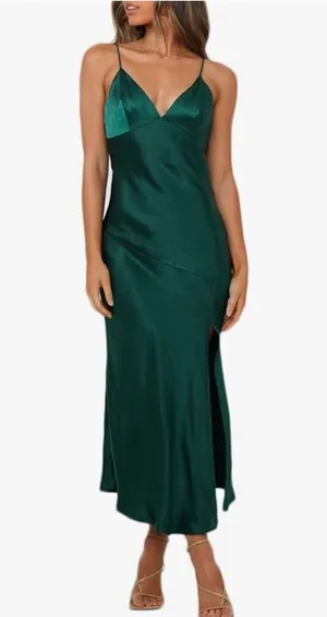 NEW Green Satin Slip Spaghetti Strap Backless Midi Dress Slit M thumbnail 1