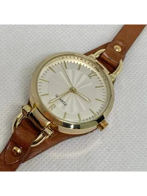 Women’s quartz analog watch gold tone 32mm round case brown leather band thumbnail 2